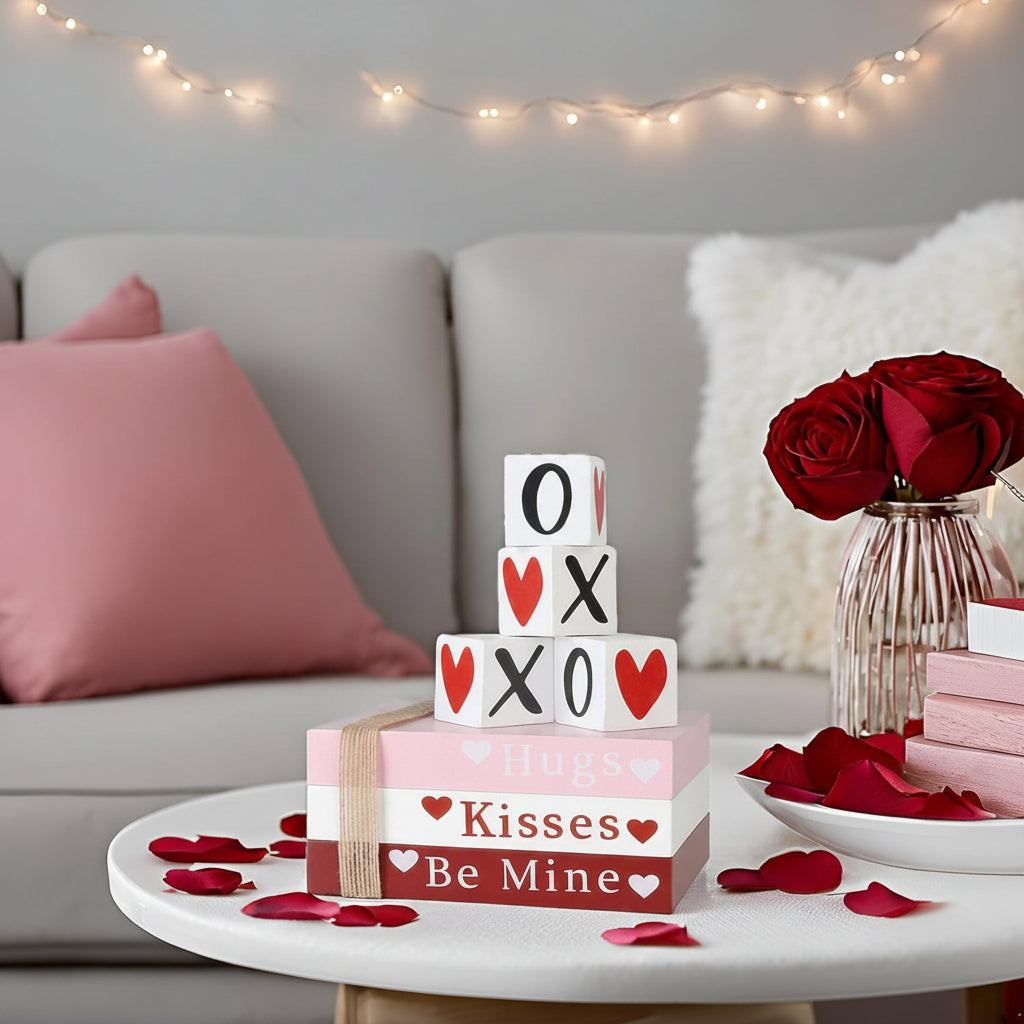 Table Decor Wooden Valentine Book Stack Heart Shelf Signs