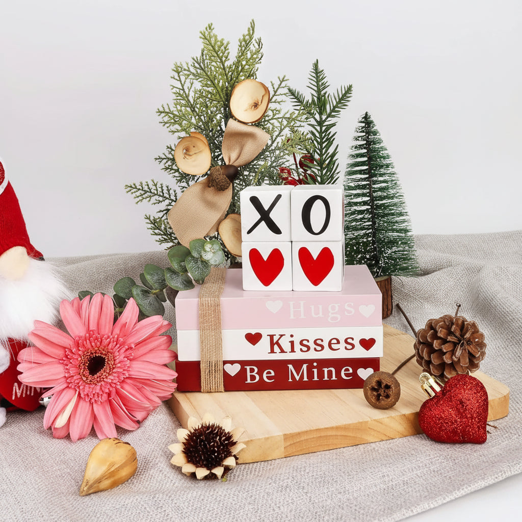 Table Decor Wooden Valentine Book Stack Heart Shelf Signs