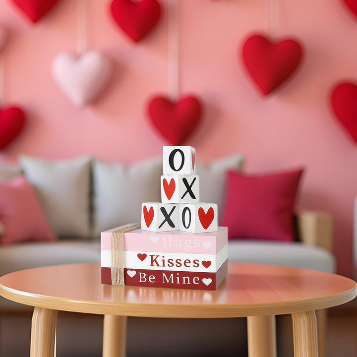 Table Decor Wooden Valentine Book Stack Heart Shelf Signs