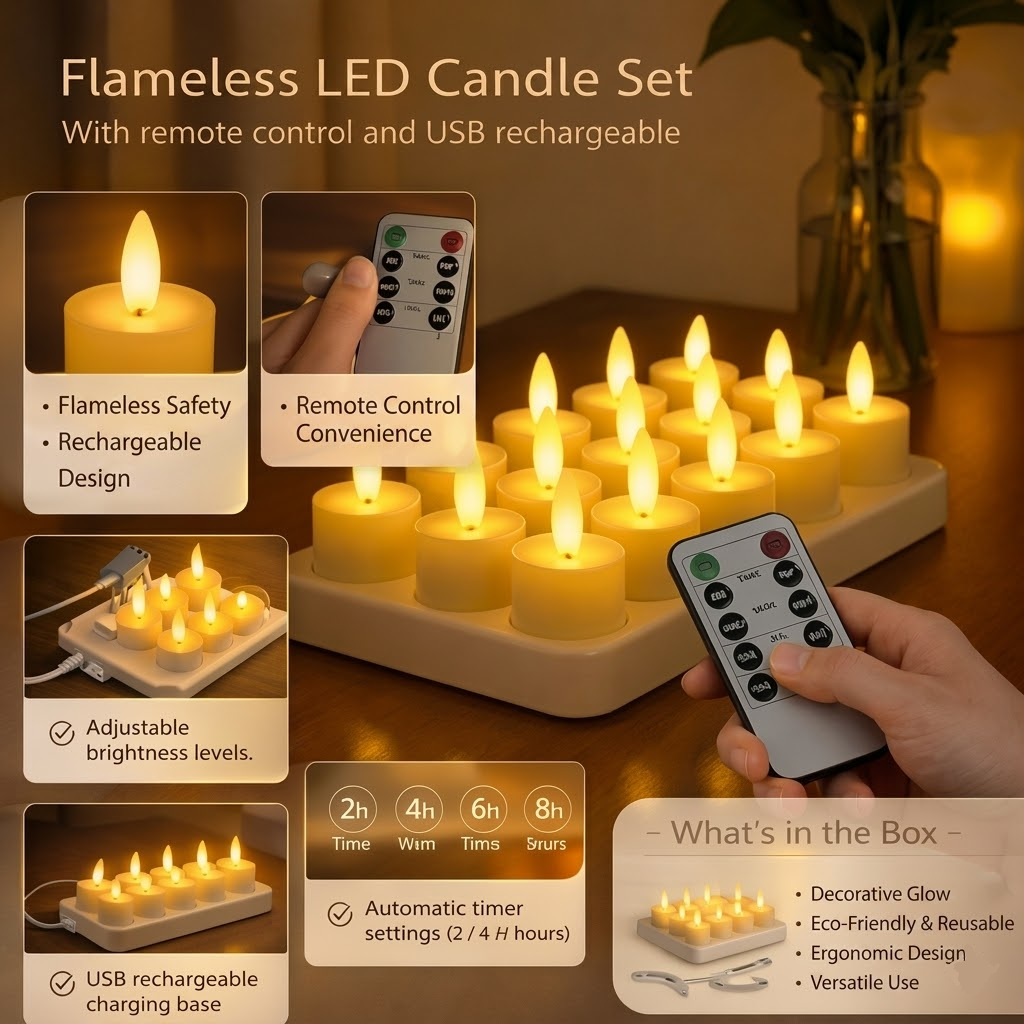 LED Candles Flameless Set Remote Timer USB Rechargeable