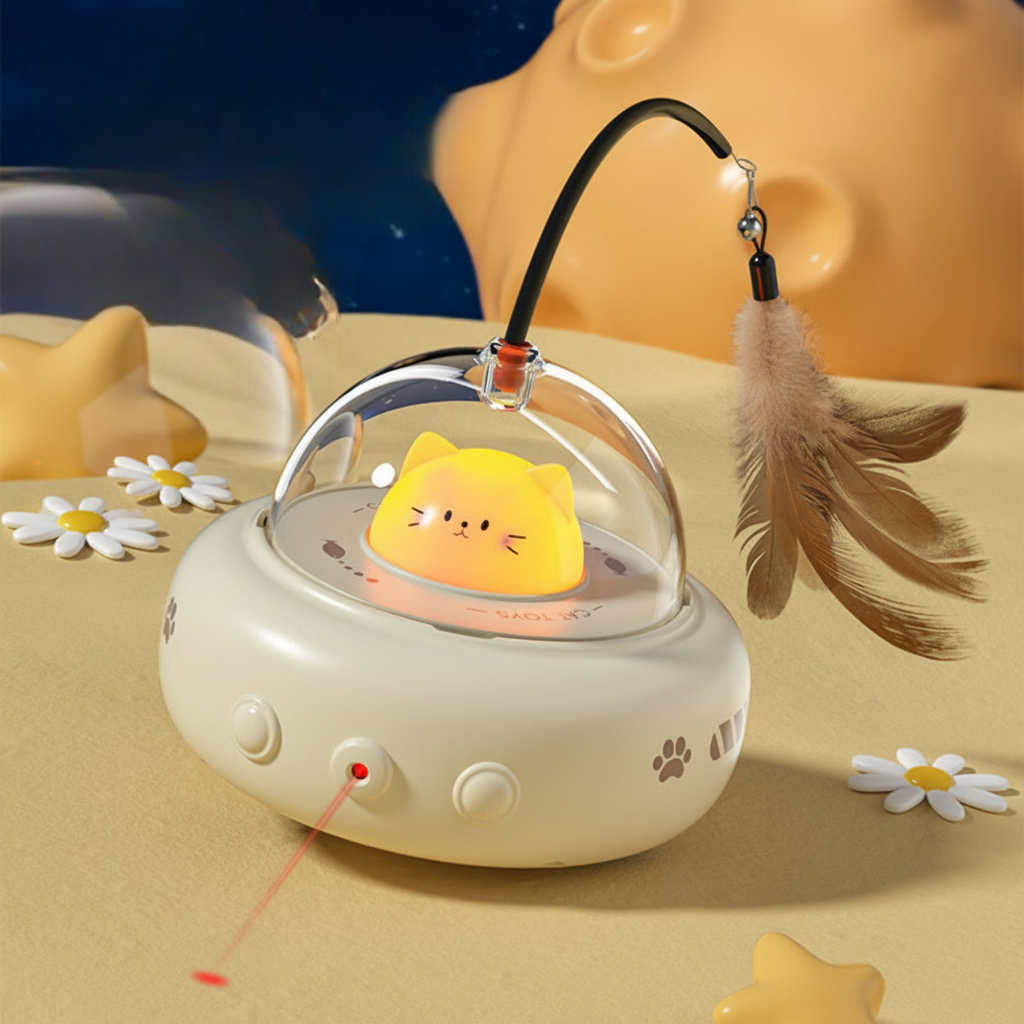 Cat Toy Automatic Laser Chase UFO Interactive Feather Teaser