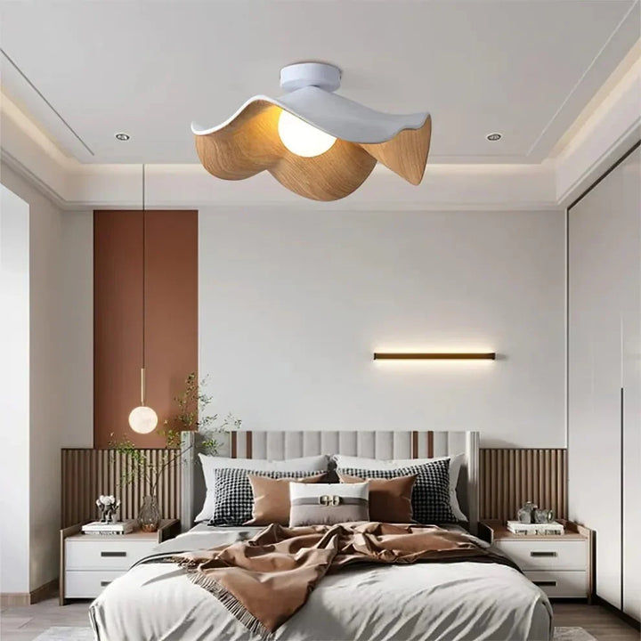 Scandinavian Wooden Lotus Ceiling Light | Resin &amp; Iron Modern Flush Lamp
