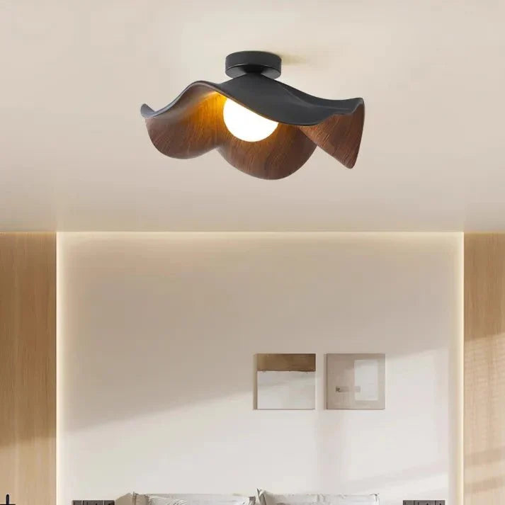 Scandinavian Wooden Lotus Ceiling Light | Resin &amp; Iron Modern Flush Lamp