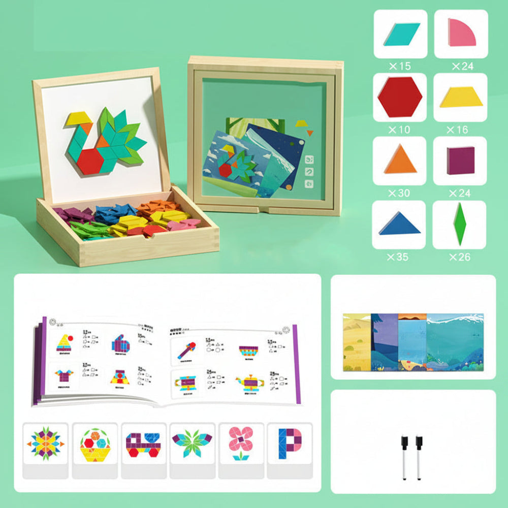 Magnetic Puzzle Wooden Pattern Blocks Educational STEM Toy Set
