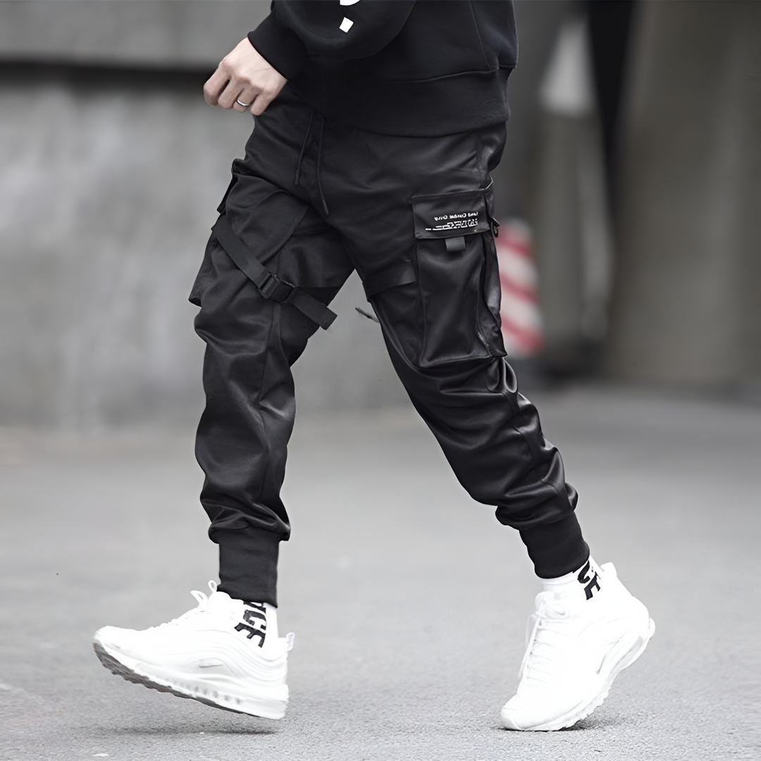 Mens Cargo Trousers Black Adjustable Straps Durable Urban Trousers