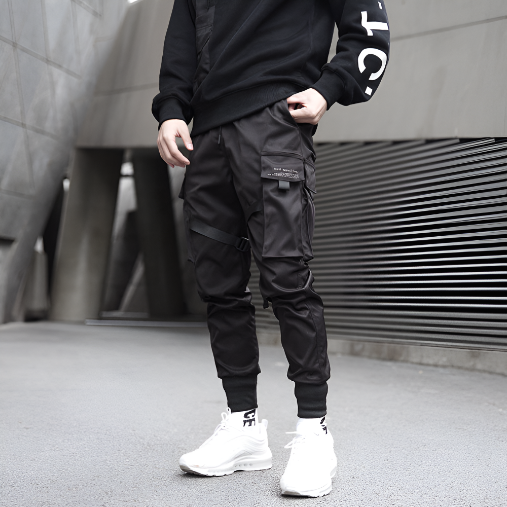 Mens Cargo Trousers Black Adjustable Straps Durable Urban Trousers