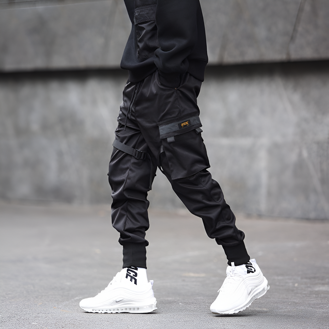 Mens Cargo Trousers Black Adjustable Straps Durable Urban Trousers