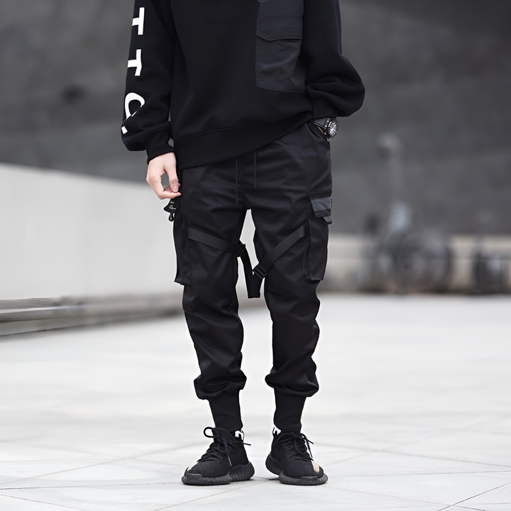 Mens Cargo Trousers Black Adjustable Straps Durable Urban Trousers