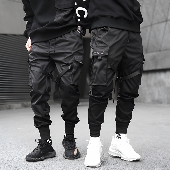 Mens Cargo Trousers Black Adjustable Straps Durable Urban Trousers