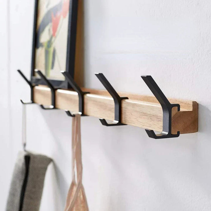 Nordic Wall-Mounted Coat Rack | Adjustable Dual Hooks in Black &amp; Wood Finish