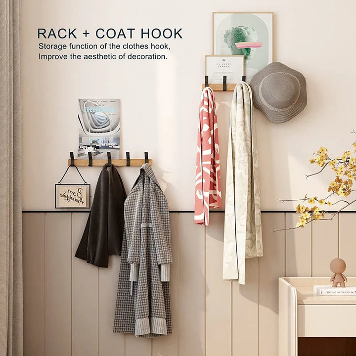 Nordic Wall-Mounted Coat Rack | Adjustable Dual Hooks in Black &amp; Wood Finish