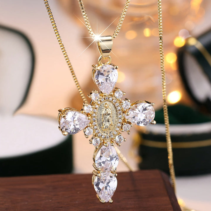 Necklace Cross Pendant Mothers Day Gold Zircon Crystal Jewellery
