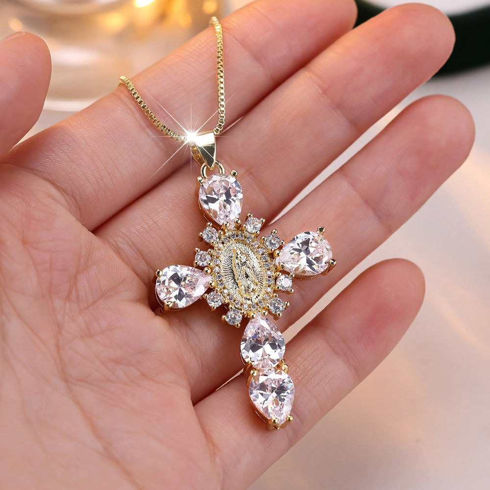 Necklace Cross Pendant Gold Cubic Zirconia Mothers Day Gift