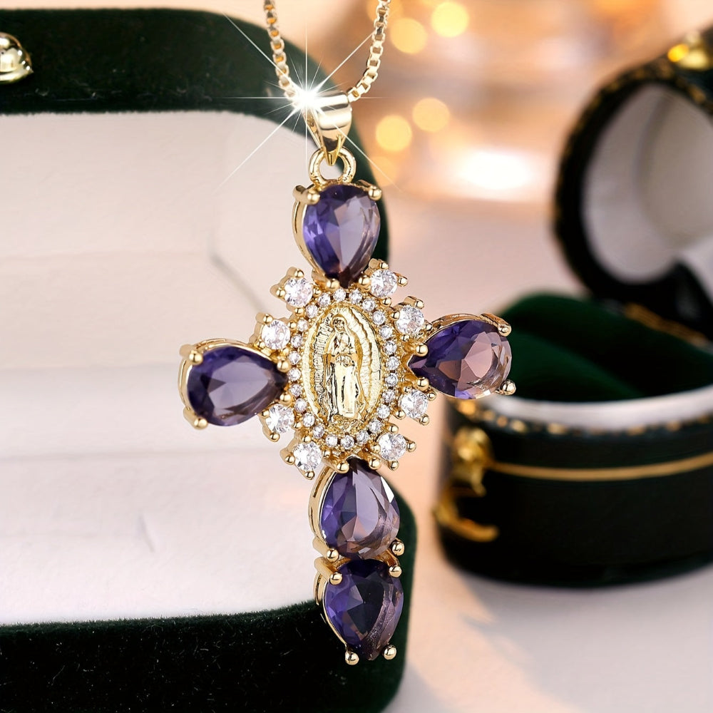 Necklace Cross Pendant Gold Cubic Zirconia Mothers Day Gift