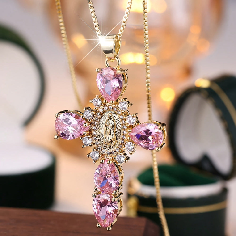 Necklace Cross Pendant Mothers Day Gold Zircon Crystal Jewellery