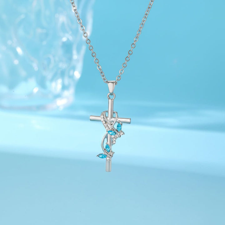 Necklace Cross Pendant Mothers Day Silver Bow Blue Gem Jewellery