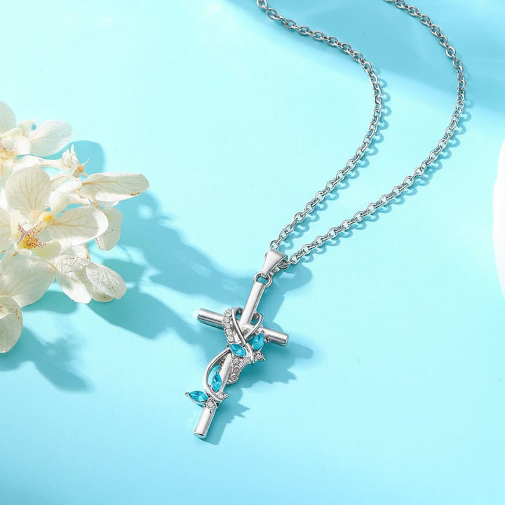 Necklace Cross Pendant Mothers Day Silver Bow Blue Gem Jewellery