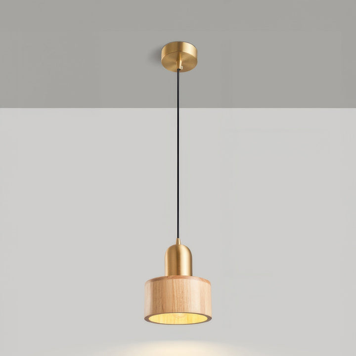 Cylinder Pendant Light | Japanese-Style Walnut &amp; Brass Hanging Lamp