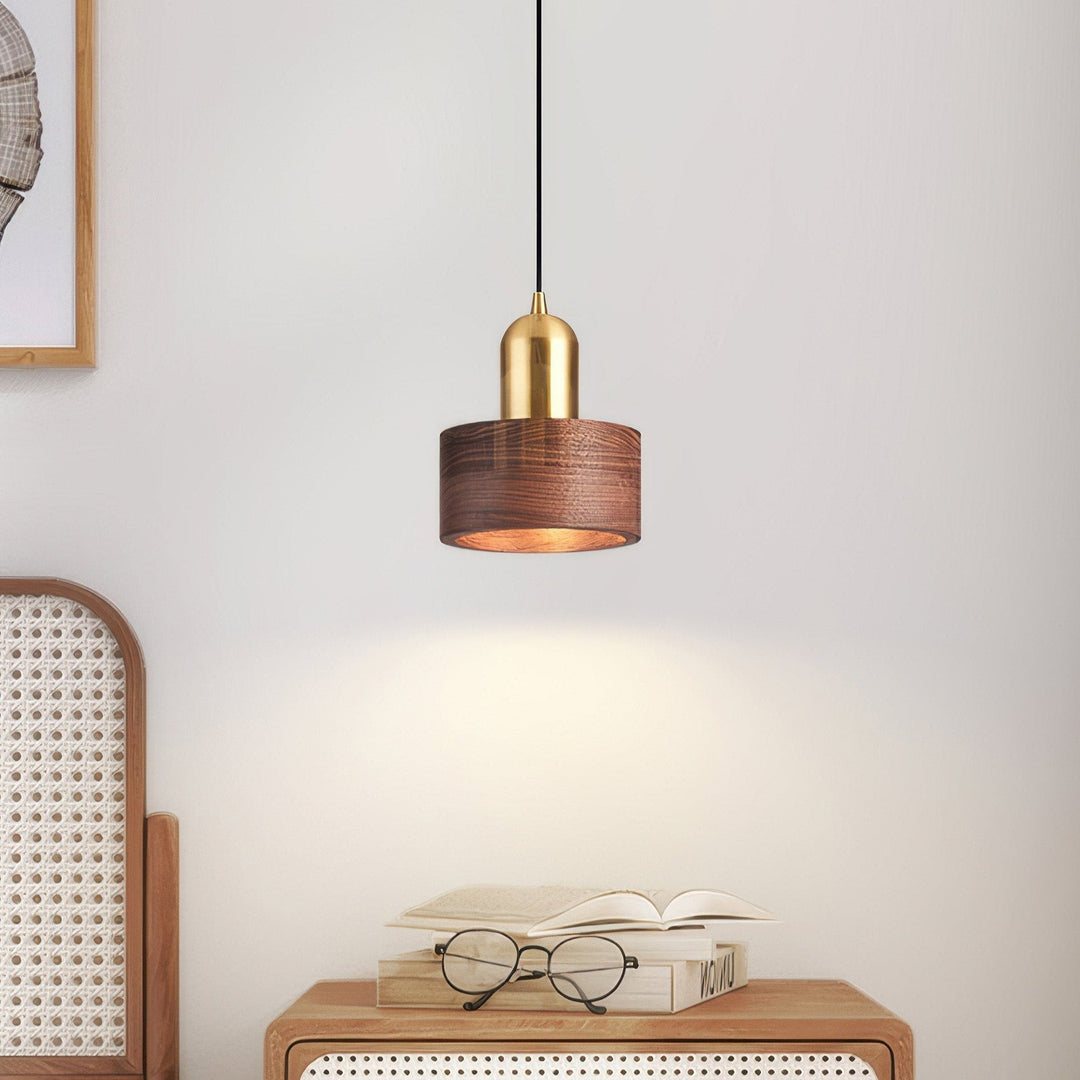 Cylinder Pendant Light | Japanese-Style Walnut &amp; Brass Hanging Lamp