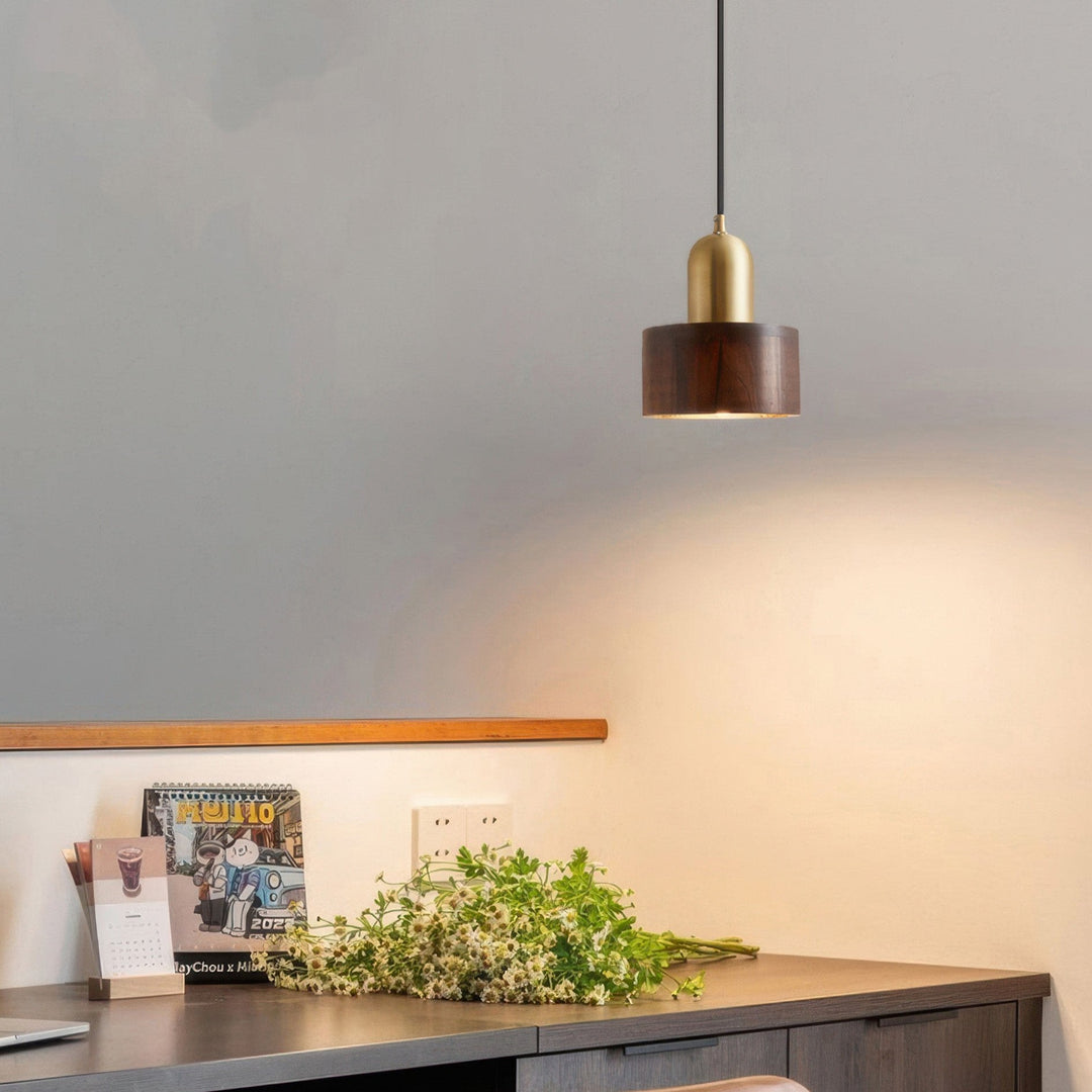 Cylinder Pendant Light | Japanese-Style Walnut &amp; Brass Hanging Lamp
