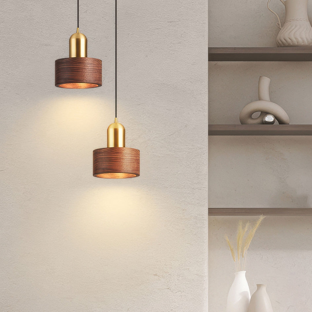 Cylinder Pendant Light | Japanese-Style Walnut &amp; Brass Hanging Lamp