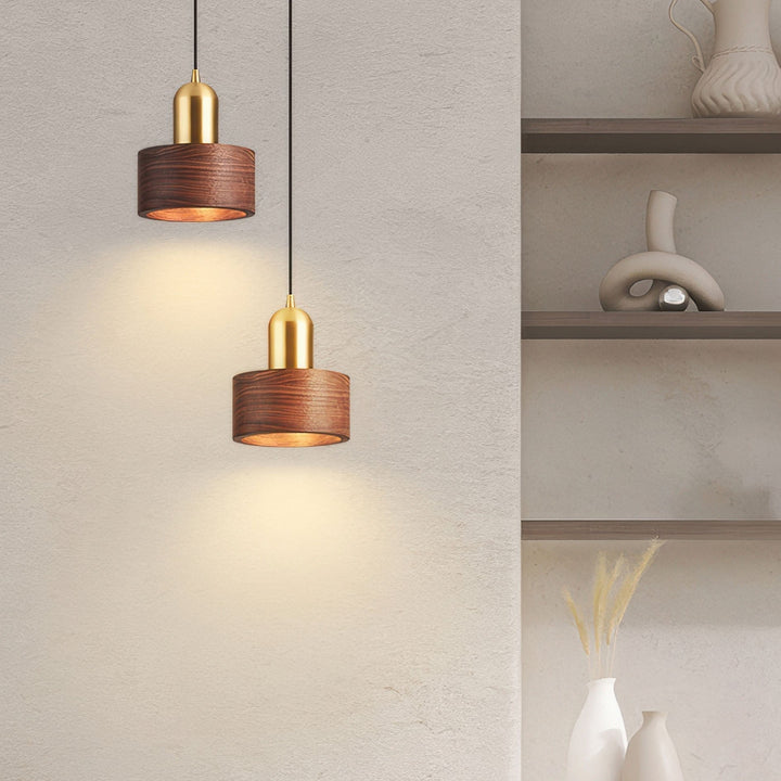 Cylinder Pendant Light | Japanese-Style Walnut &amp; Brass Hanging Lamp