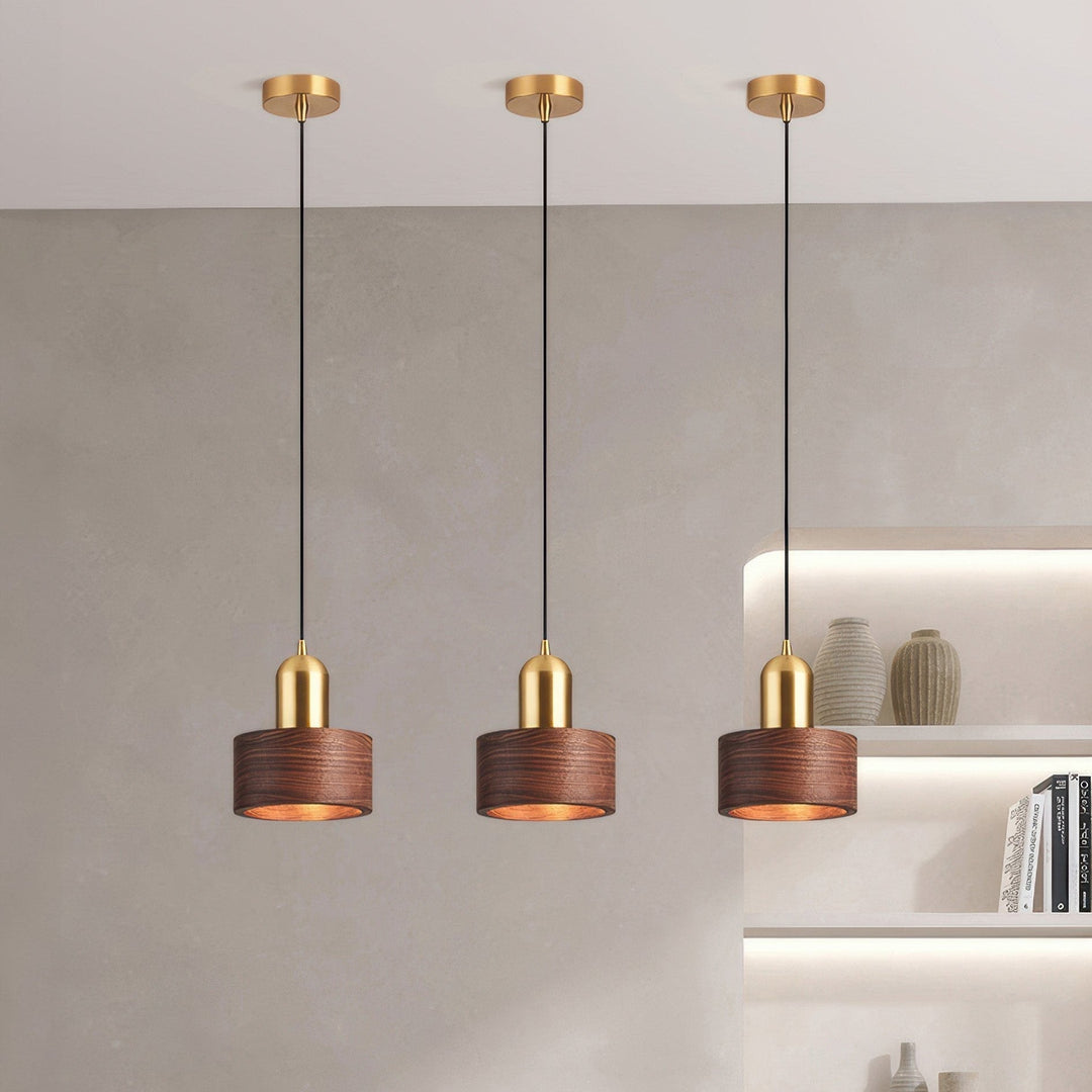 Cylinder Pendant Light | Japanese-Style Walnut &amp; Brass Hanging Lamp