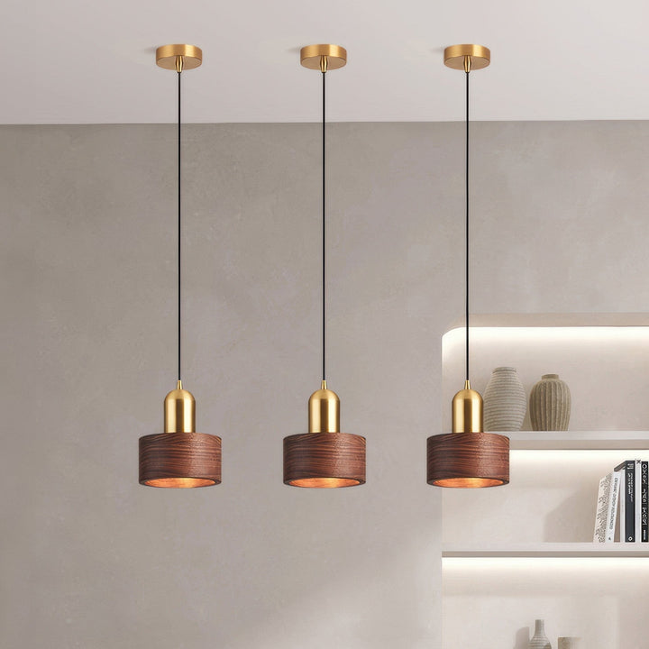 Cylinder Pendant Light | Japanese-Style Walnut &amp; Brass Hanging Lamp