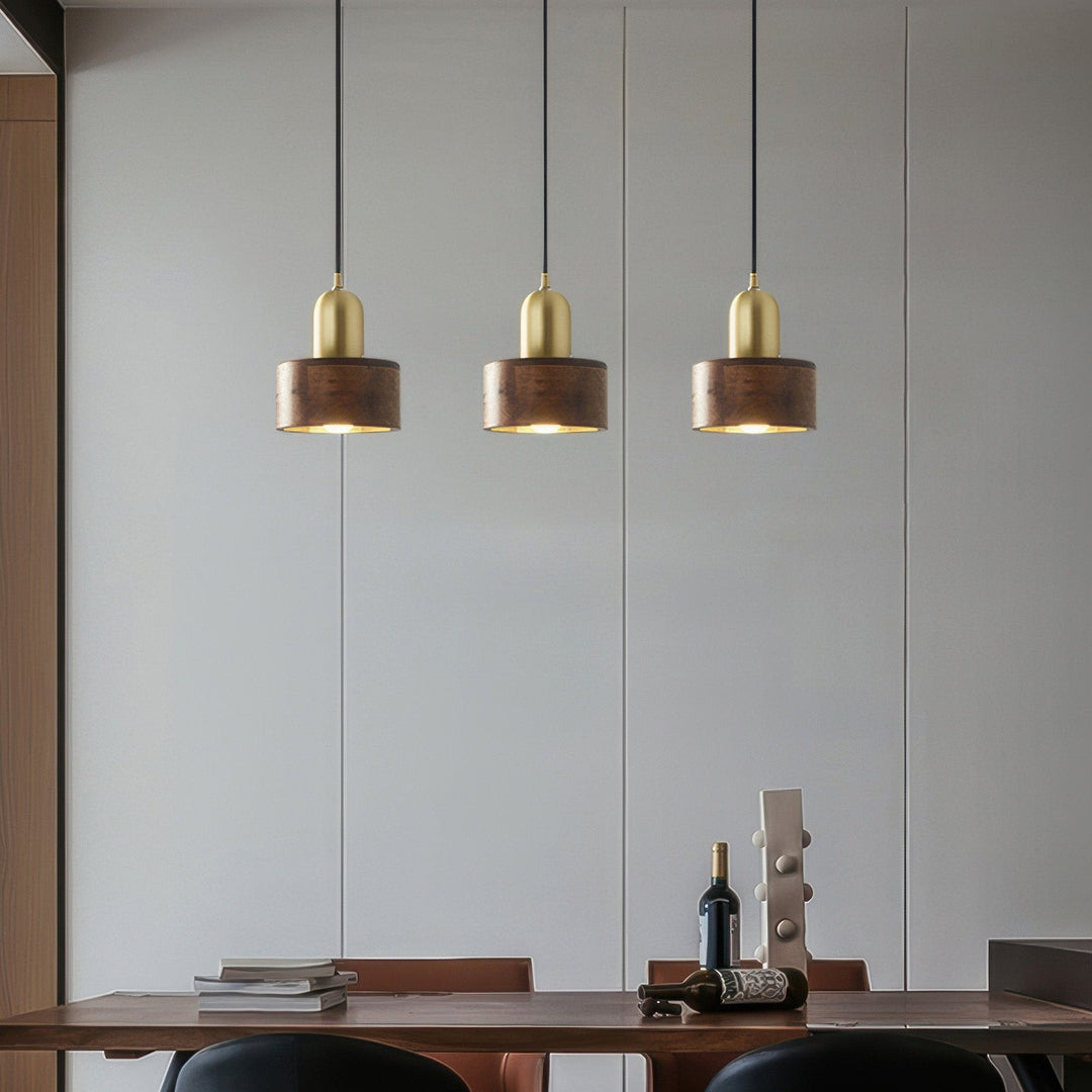 Cylinder Pendant Light | Japanese-Style Walnut &amp; Brass Hanging Lamp