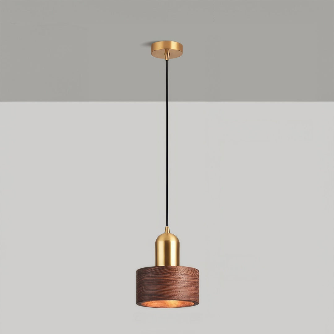 Cylinder Pendant Light | Japanese-Style Walnut &amp; Brass Hanging Lamp