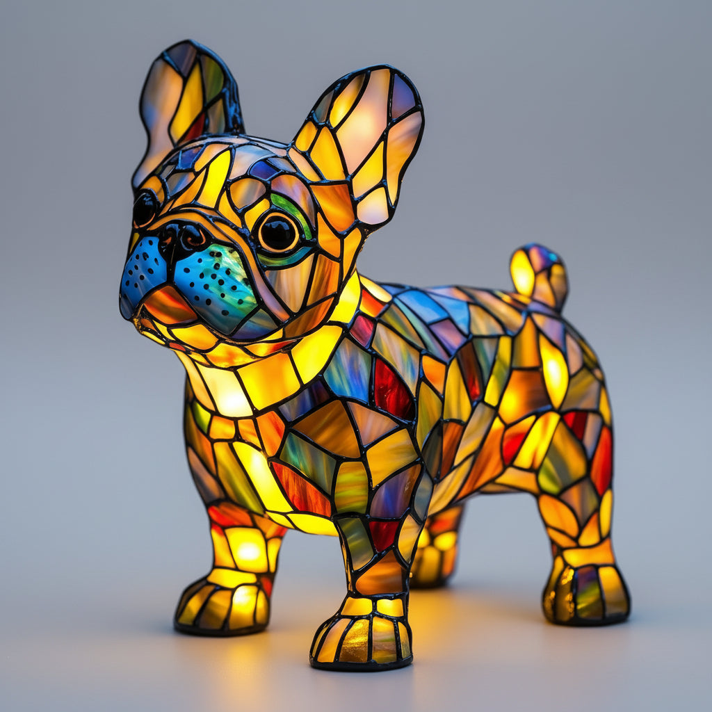 LED Table Lamp Dog Figurine Stained Glass Night Light Bedroom