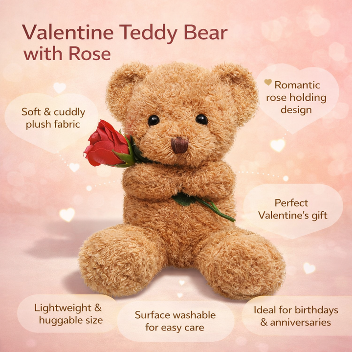 Plush Toy Valentine Bear Soft Rose Holding Stuffed Animal Gift