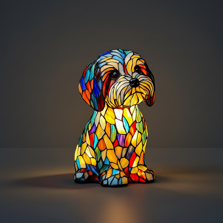 LED Table Lamp Dog Figurine Stained Glass Night Light Bedroom