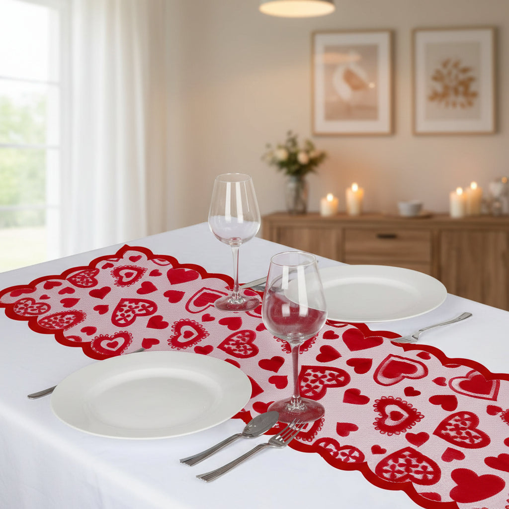 Table Runner Lace Red Heart Valentines Day Romantic Dining Decor