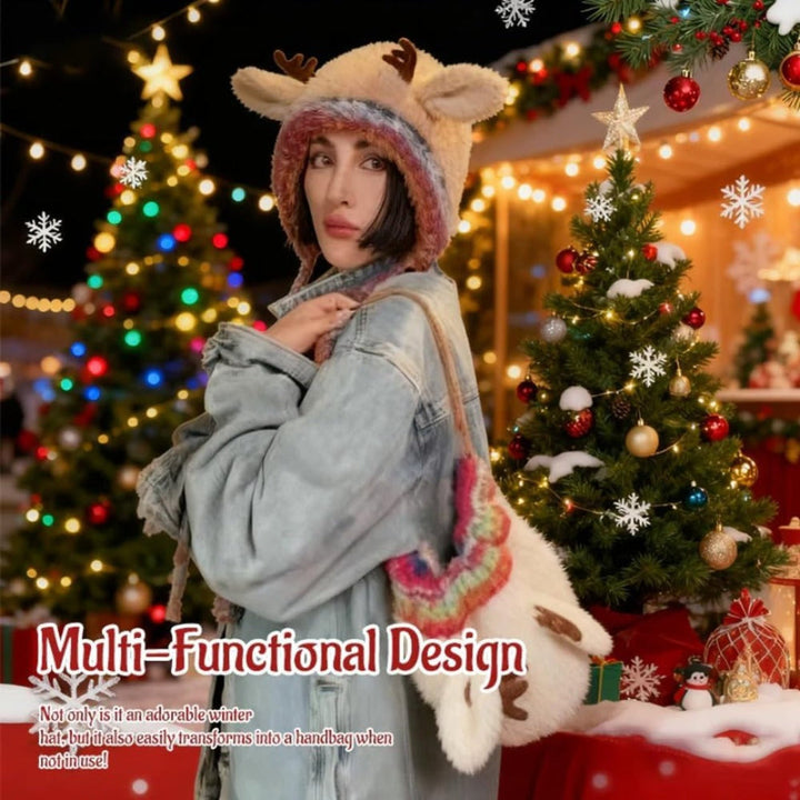 Women Knit Reindeer Animal Ear Flap Winter Hat Beanie