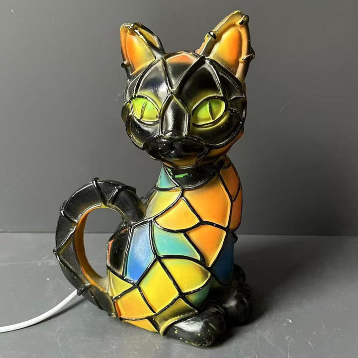 Resin Cat Lamp Tiffany Style Figurine Warm Glow Table Lamp