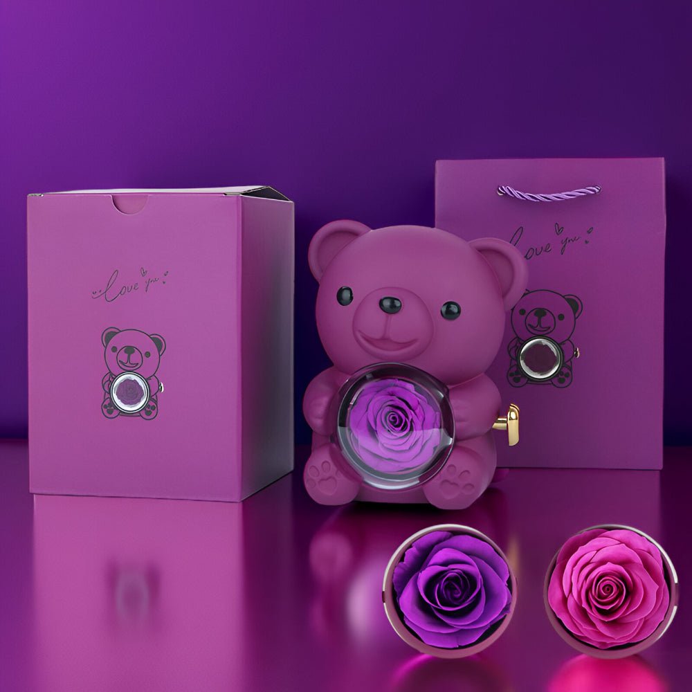 Gift Box Teddy Bear Preserved Rose Jewellery Display