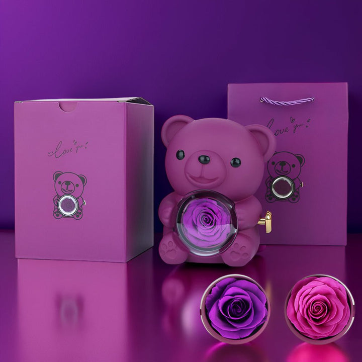 Gift Box Teddy Bear Preserved Rose Jewellery Display