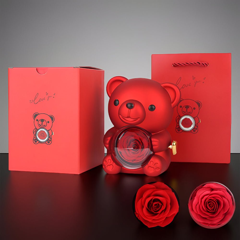 Gift Box Teddy Bear Preserved Rose Jewellery Display