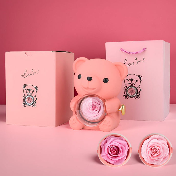 Gift Box Teddy Bear Preserved Rose Jewellery Display
