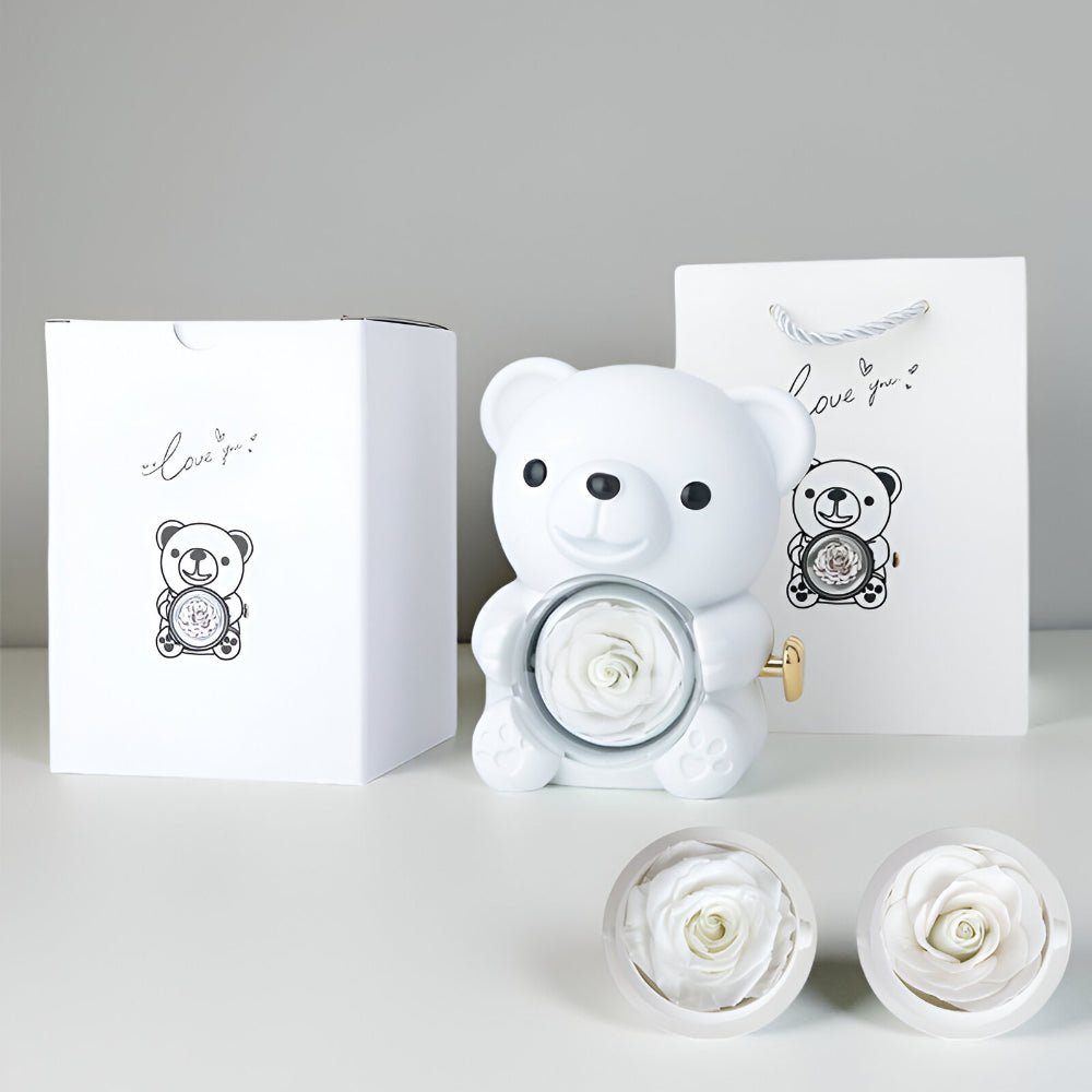 Gift Box Teddy Bear Preserved Rose Jewellery Display