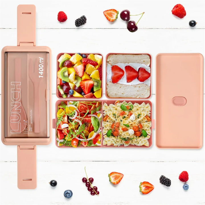 1400ml Double Layer Bento Box | Portable Lunch Box with Fork &amp; Spoon – Microwave Safe Food Storage for Kids &amp; Adults