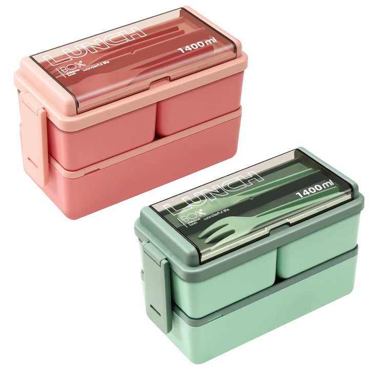 1400ml Double Layer Bento Box | Portable Lunch Box with Fork &amp; Spoon – Microwave Safe Food Storage for Kids &amp; Adults