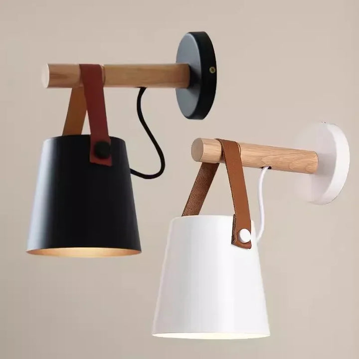 Nordic Wood &amp; Leather Wall Lamp | Hanging Bedside Light