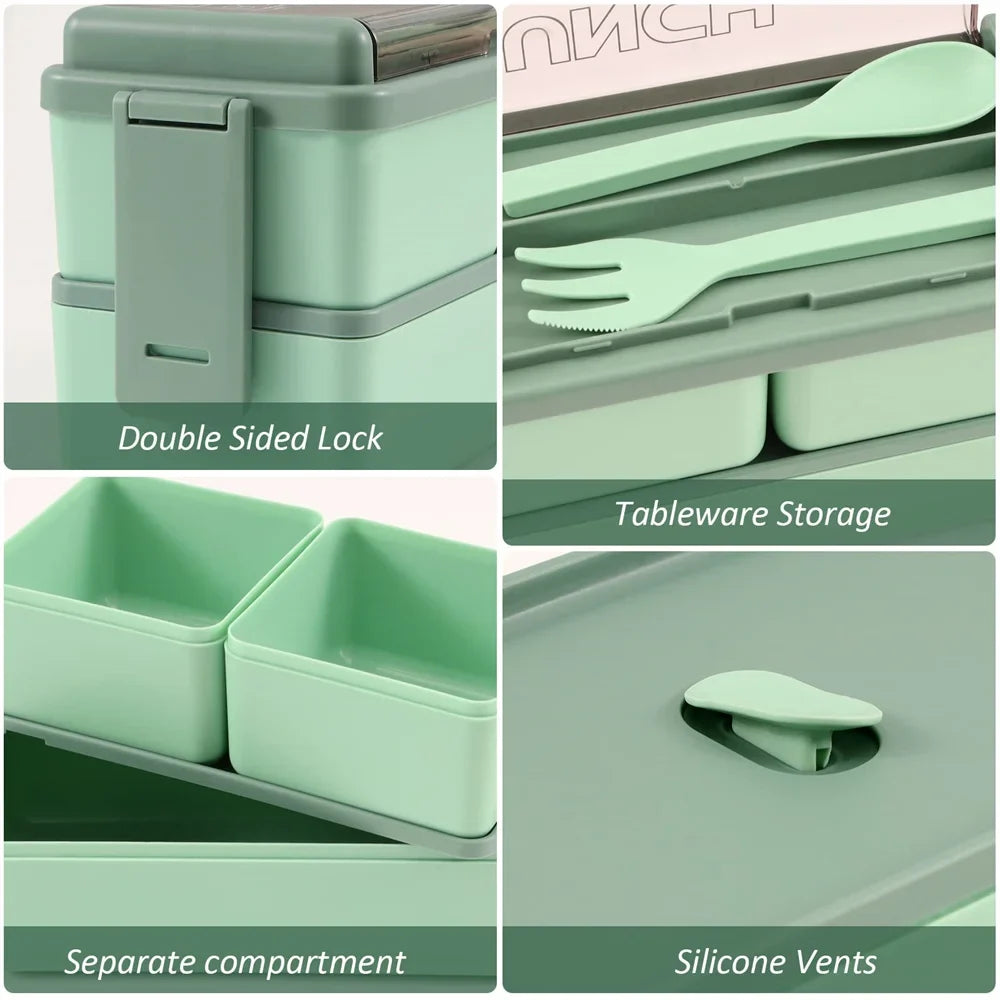 1400ml Double Layer Bento Box | Portable Lunch Box with Fork &amp; Spoon – Microwave Safe Food Storage for Kids &amp; Adults