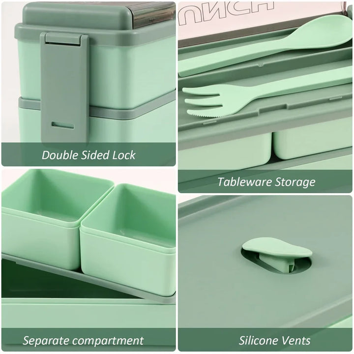 1400ml Double Layer Bento Box | Portable Lunch Box with Fork &amp; Spoon – Microwave Safe Food Storage for Kids &amp; Adults