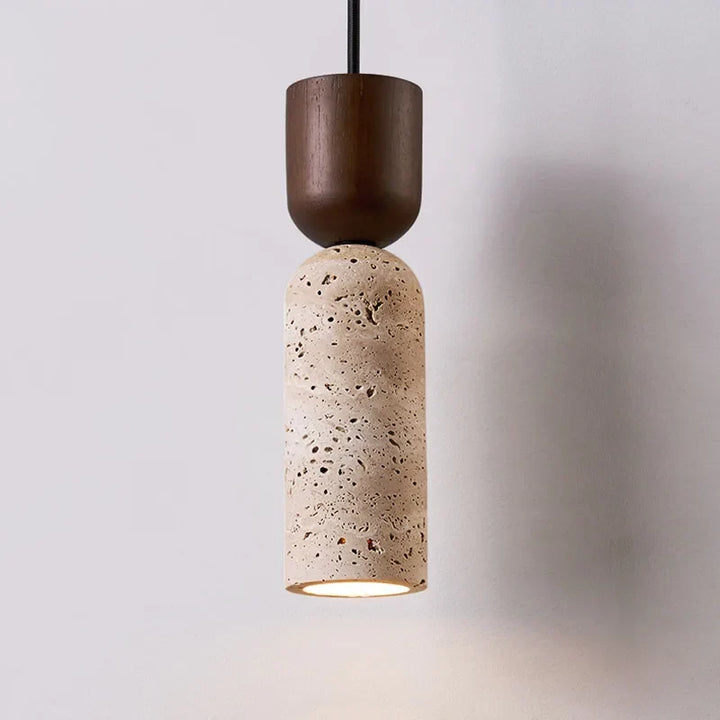 Wabi-Sabi Travertine &amp; Wood Pendant Light | Japanese Minimalist Bedside Lighting