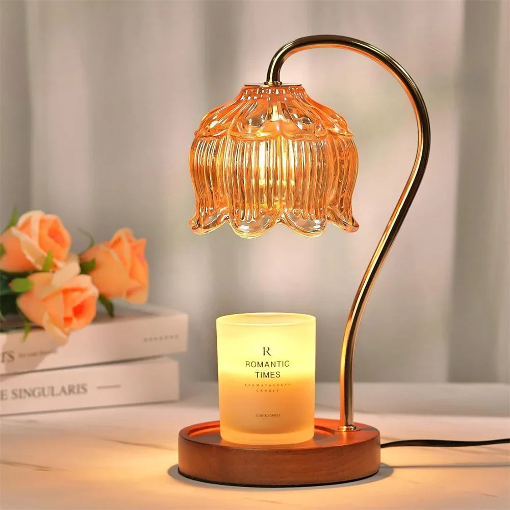 Candle Warmer Lamp | Retro Glass Shade &amp; Solid Wood Base