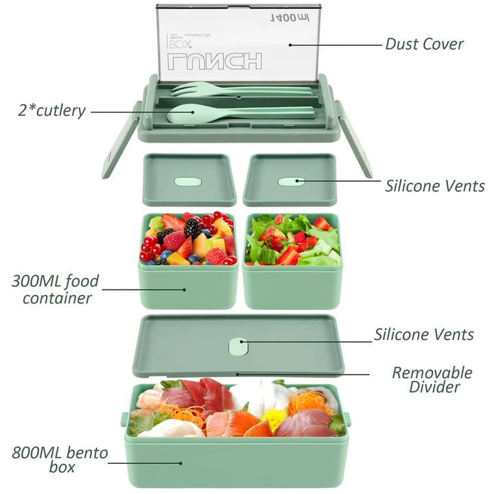 1400ml Double Layer Bento Box | Portable Lunch Box with Fork &amp; Spoon – Microwave Safe Food Storage for Kids &amp; Adults