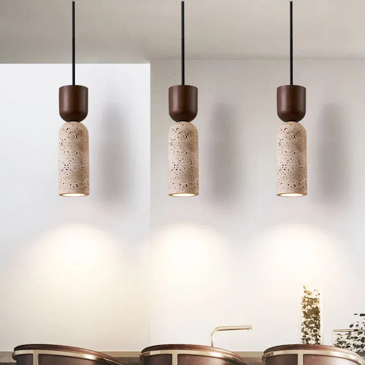 Wabi-Sabi Travertine &amp; Wood Pendant Light | Japanese Minimalist Bedside Lighting